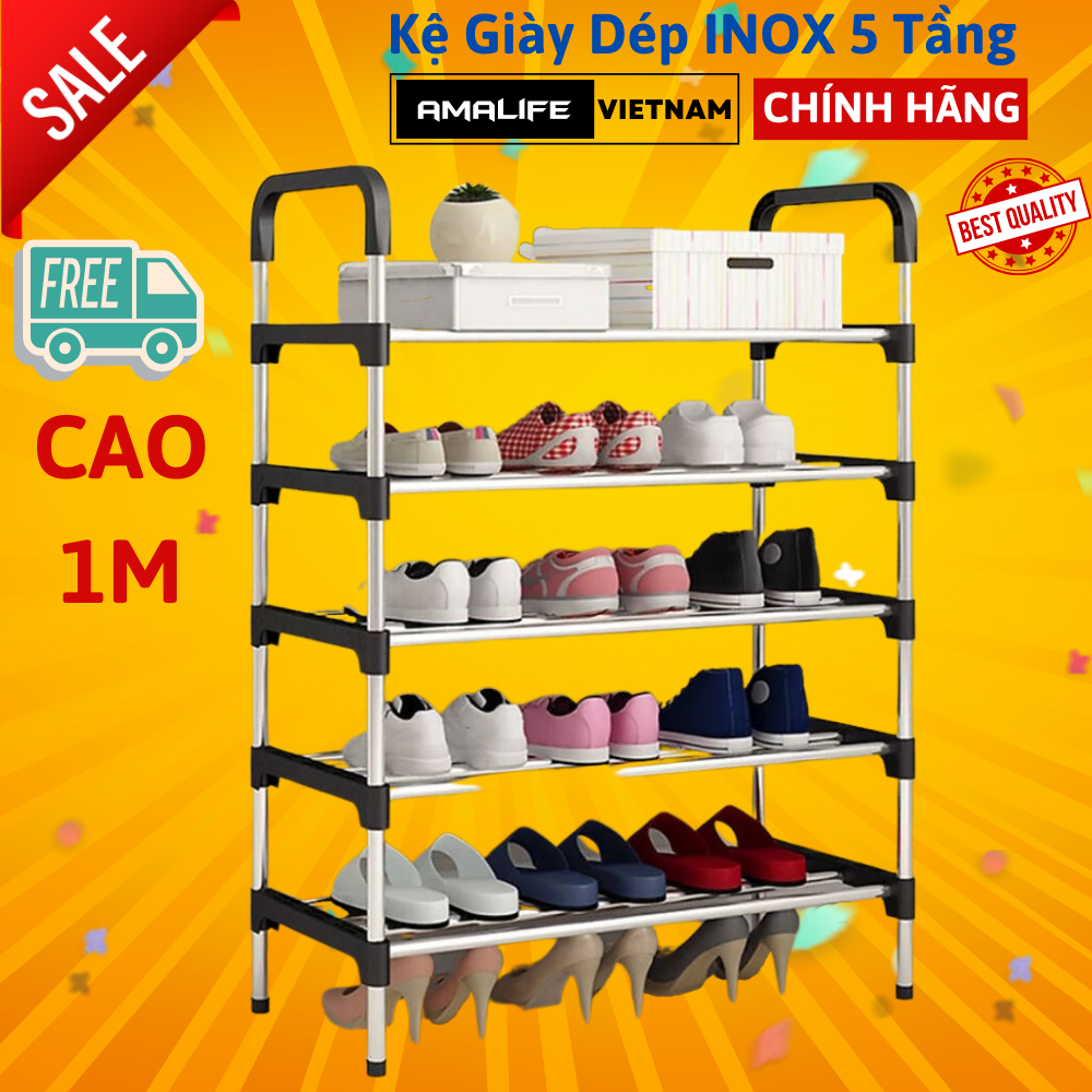 Kệ Để Giày Dép Inox 5 Tầng Chính Hãng Amalife, Giá Để Giày Inox 5 Tầng - Chọn Màu - Đen