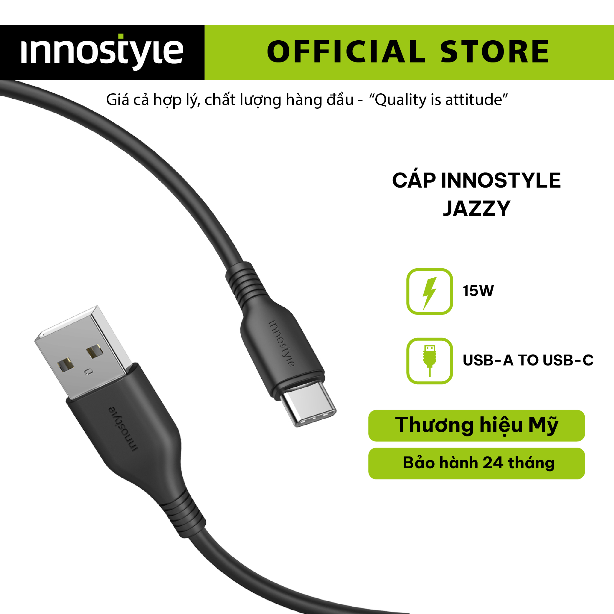 Cáp Innostyle Jazzy USB-A ra USB-C 1m2 - Hỗ Trợ Sạc Nhanh 15W - Hàng Chính Hãng