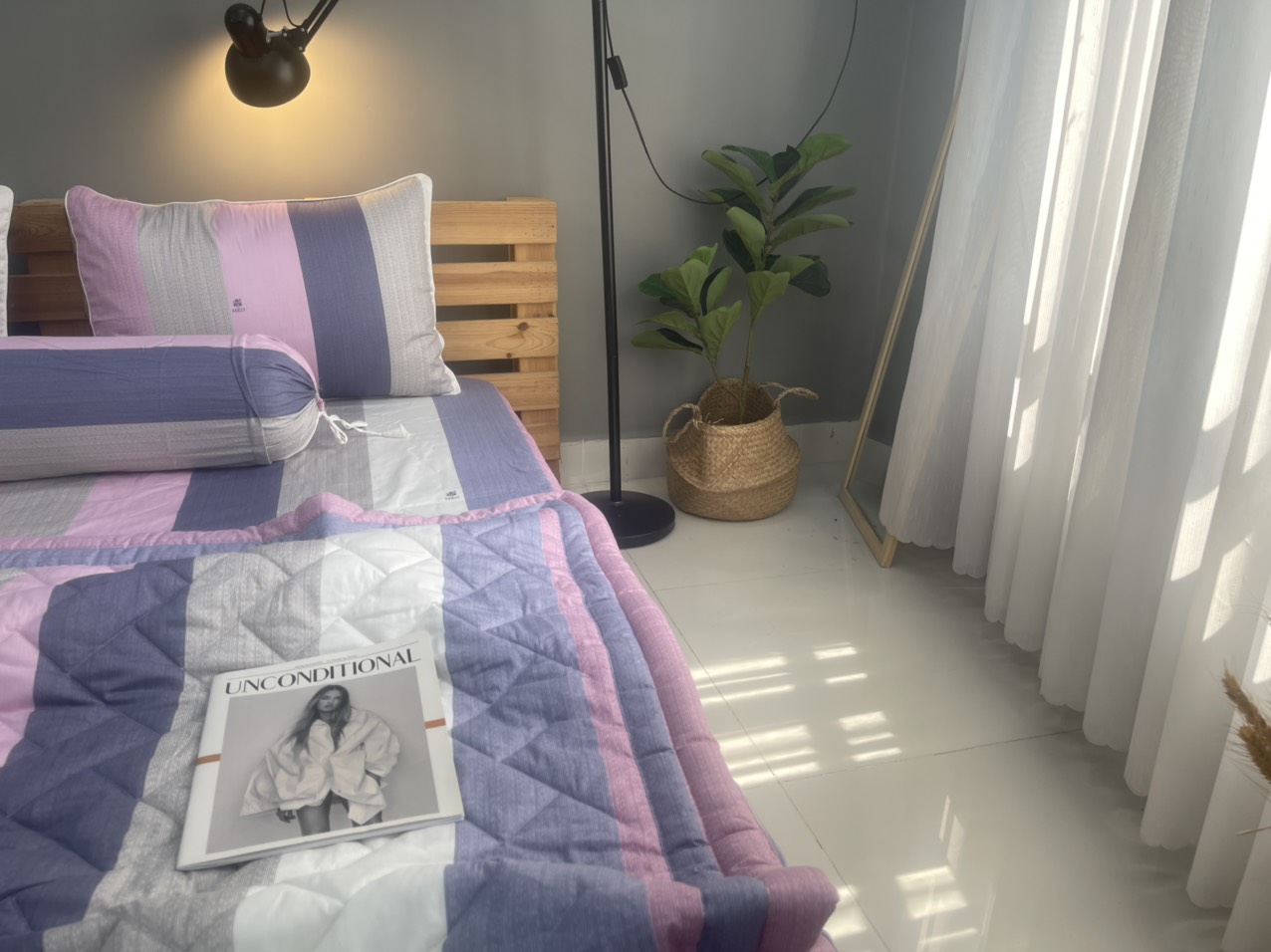 Bộ drap gối KHA LY - 100% cotton thiên nhiên - VN311 Sọc Dài Hồng Vải dày dặn mát mẻ siêu thấm mồ hôi