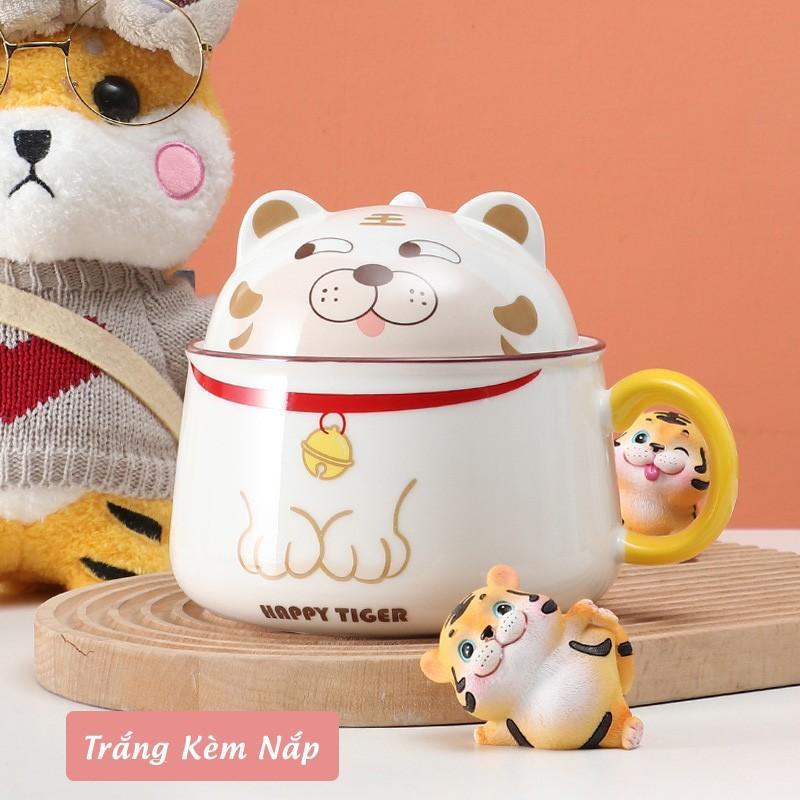 Tô Sứ Dễ Thương Ăn Mỳ Hình Con Hổ - Bát Tô Sứ Cỡ Lớn 1020ml Có Nắp Và Tay Cầm