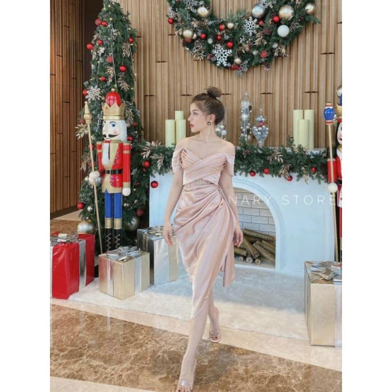 Đầm body bẹt vai xếp ly sexy