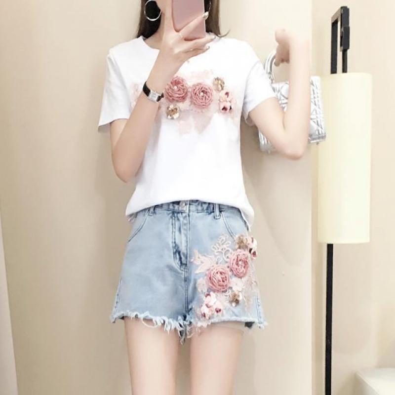 Set Áo Thun Nữ Ngắn Tay Và Quần Short Denim In Hình One Piece