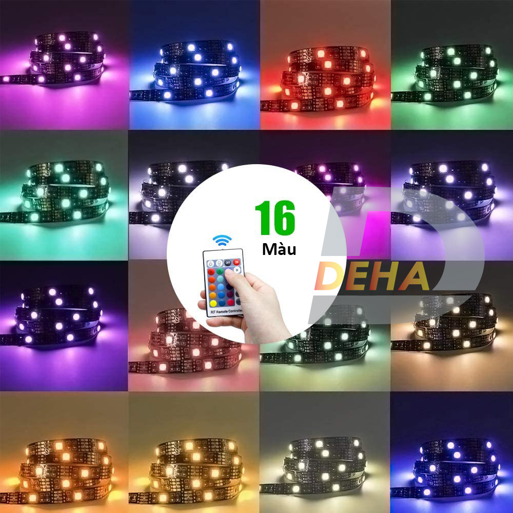 Bộ đèn led dây dán 5050 đổi nhiều màu RGB bằng điều khiển phủ silicon chống nước,  có sẵn keo dán trang trí bàn làm việc, tường thạch cao, ô tô