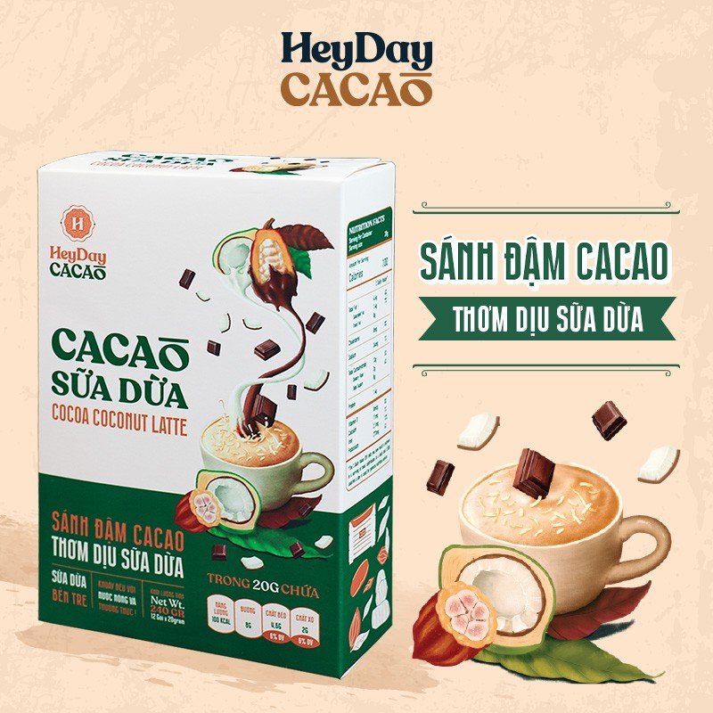 Bột Cacao Sữa Dừa Heyday - Hộp Giấy 12 Gói Tiện Lợi 20g - Bột cacao sữa dừa tự nhiên, thuần chay - Heyday Cacao