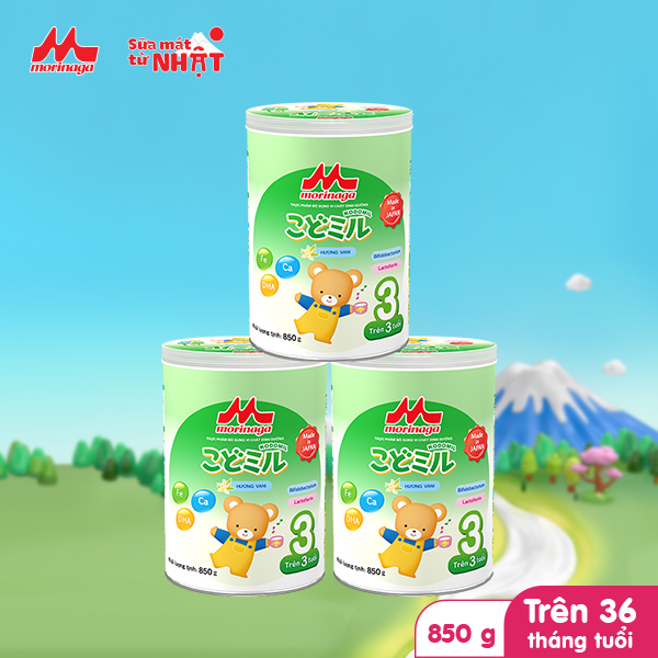 Combo 3 hộp sữa Morinaga số 3 Kodomil hương vani / hương dâu lon 850gr hàng nguyên đai, nguyên tem