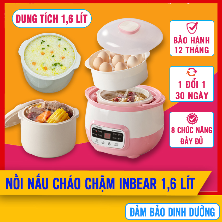 Nồi Nấu Cháo Chậm Chính Hãng INBEAR 1,6L - 8 Chức Năng Nấu Cháo Cho Bé, Nồi Chưng Yến, Nồi Hầm Hấp Cách Thủy Đa Năng Giữ Trọn Vẹn Hương Vị Tự Nhiên, Có Xửng Hấp Và Thố Gốm 2 trong 1, Chế Độ Hẹn Giờ Rảnh Tay Thuận Tiện