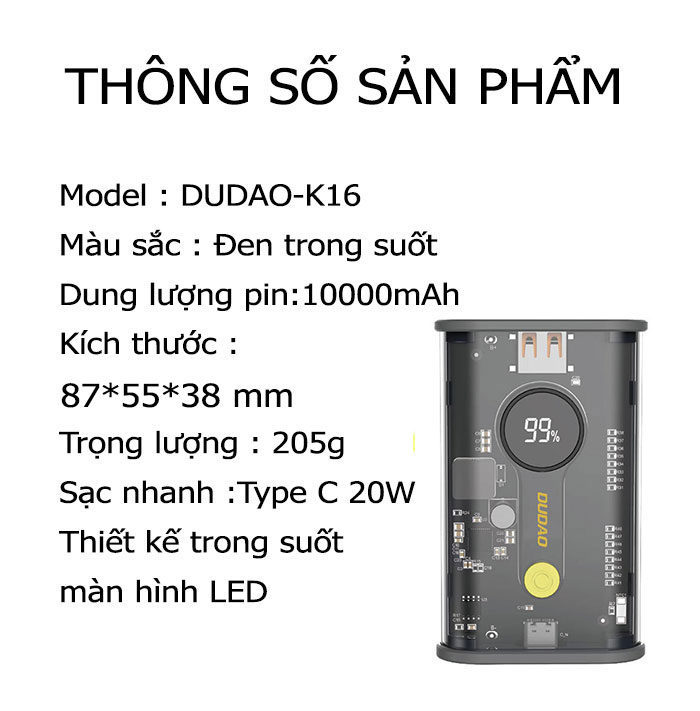 Pin dự phòng trong suốt DUDAO 10000mah, sạc nhanh Type C 20W,USB 22,5W- K16 kiểu dáng nhỏ gọn cho người dùng mang theo mọi nơi