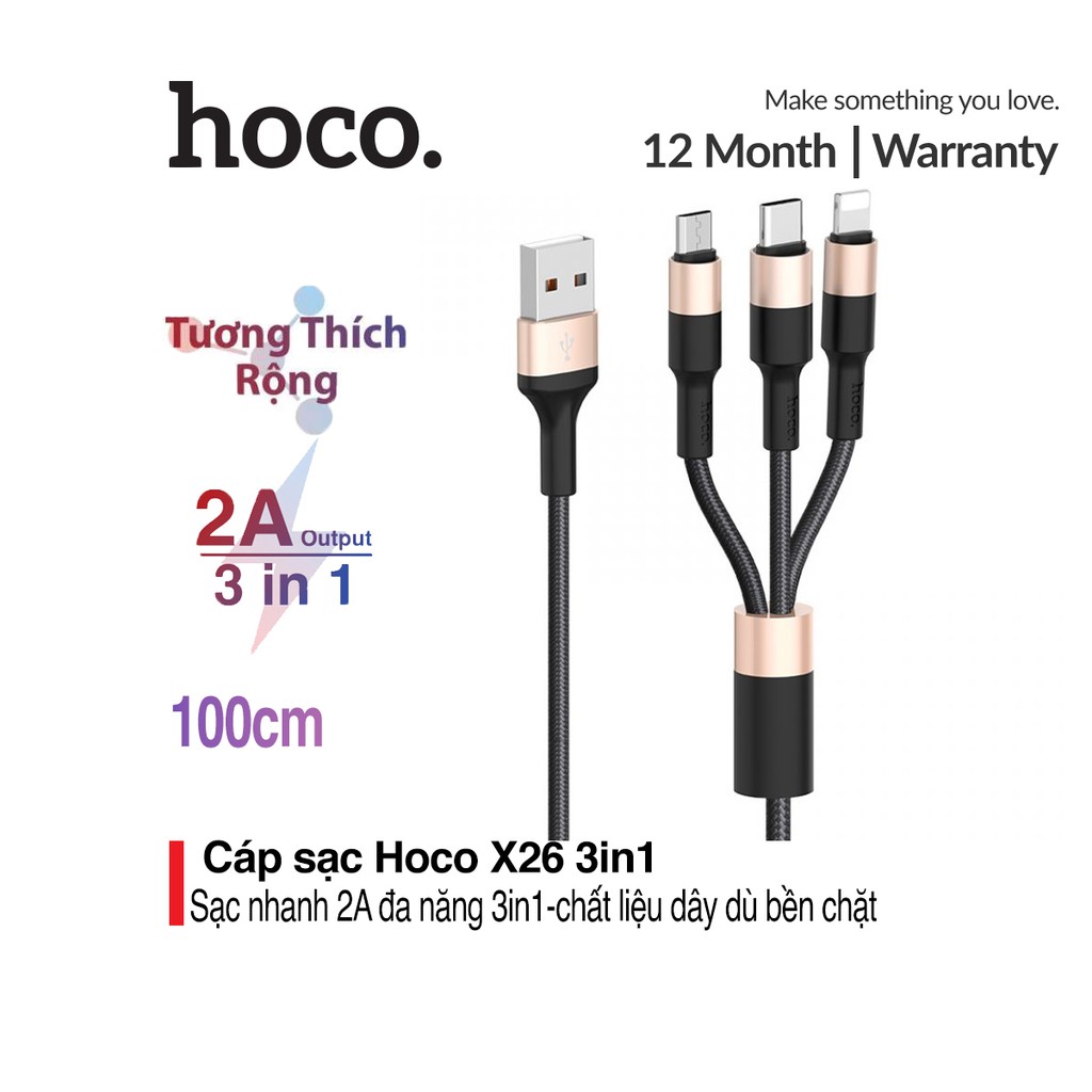 Cáp sạc nhanh 2A Hoco X26 kết nối Type-C/Micro/iPhone dây tròn tiện lợi dài 100CM cho Smartphone ( 3 màu ) -Hàng nhập khẩu (chính hãng)