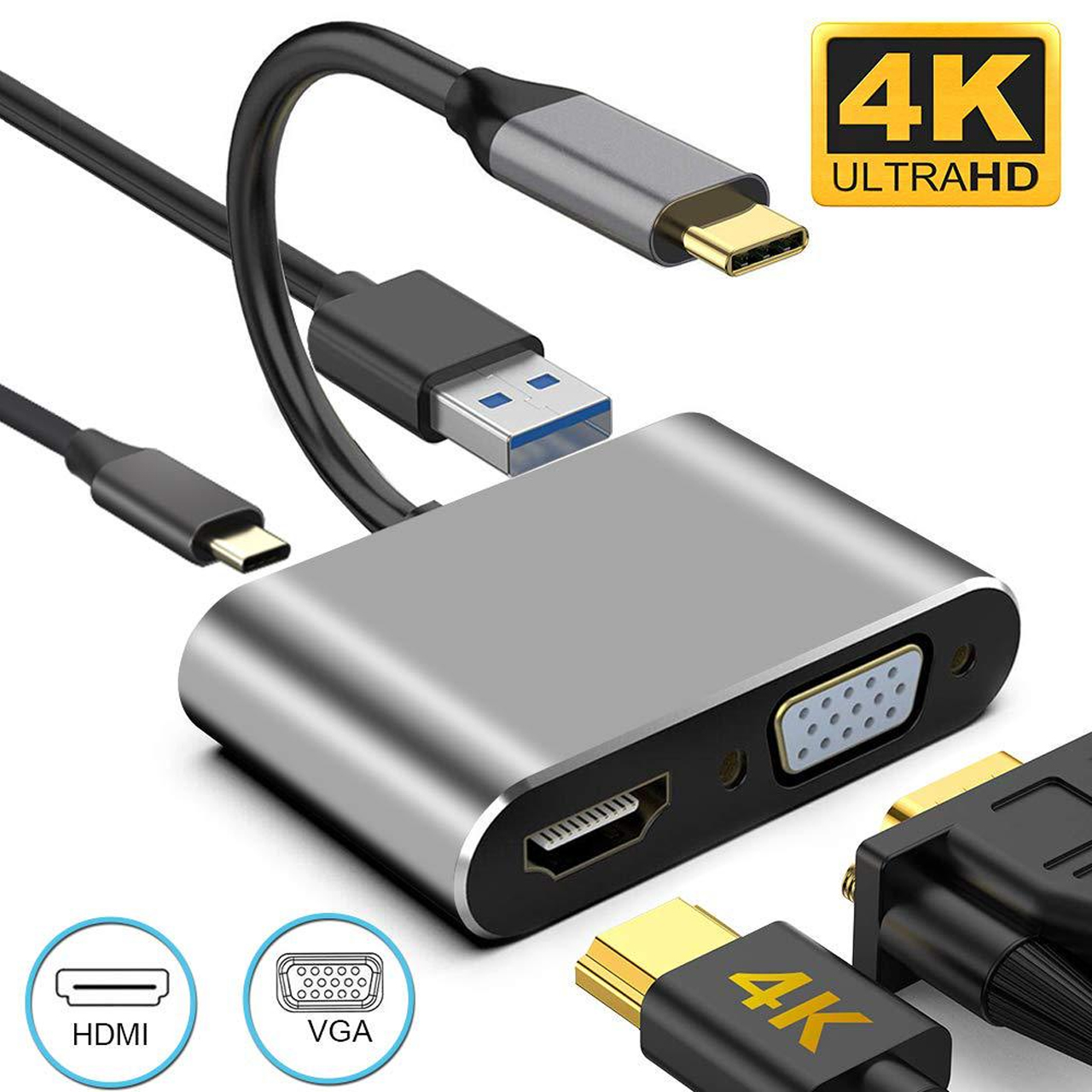 Cáp chuyển đổi usb Type C ra 4 cổng HDMI/VGA/USB và cổng sạc chất lượng 4K dành cho macbook, điện thoại, laptop kết nối với tivi máy chiếu hỗ trợ DEX - hàng chính hãng Vinetteam