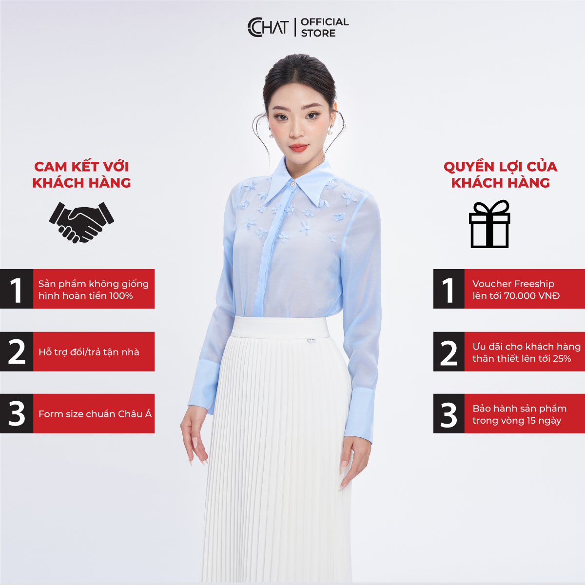 Áo Sơ Mi Nữ  Kiểu Cổ Đức Đính Hoa Trang Trí Chất Voan Cao Cấp 53FDV9001ST