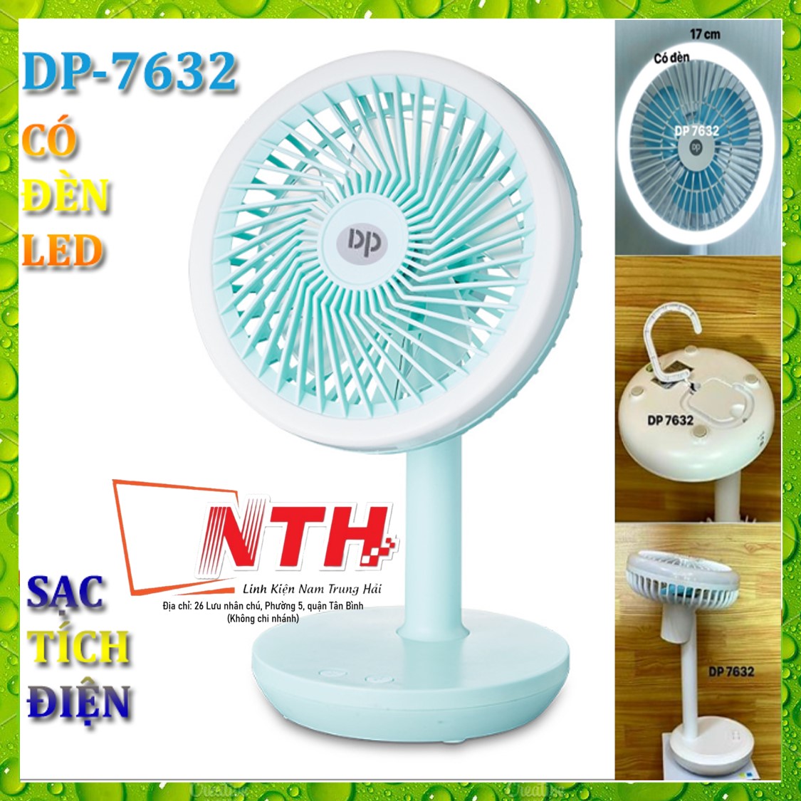 Quạt Sạc Tích Điện Để Bàn CÓ ĐÈN DP-7632