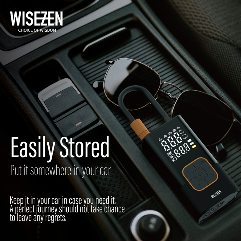 WISEZEN Bơm hơi di động – Sử dụng đa năng, bơm nhanh trong 3 phút, giám sát áp suất lốp an toàn.