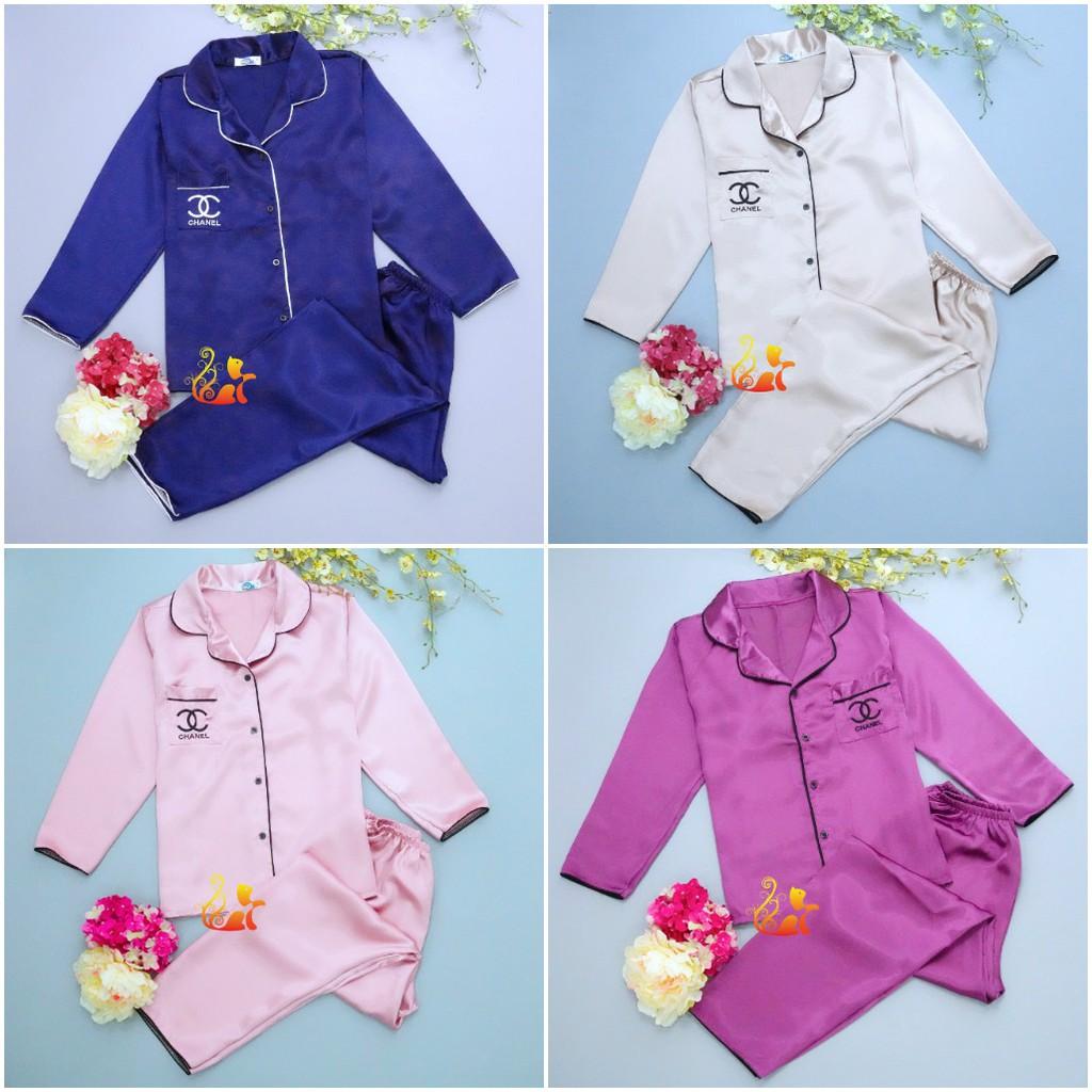 Đồ bộ Pijama Phi Lụa Viền " Thêu Chữ " tay dài cao cấp - Dưới 60kg