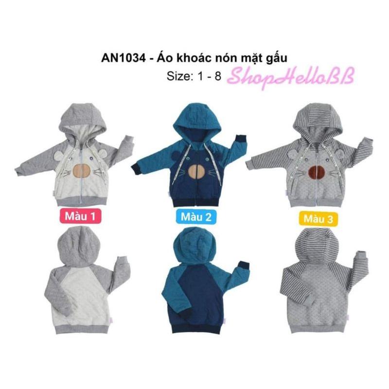 Áo khoác nón mặt gấu khóa kéo Hello B&amp;B (size 1-8) cho bé trai và bé gái từ 6-23kg