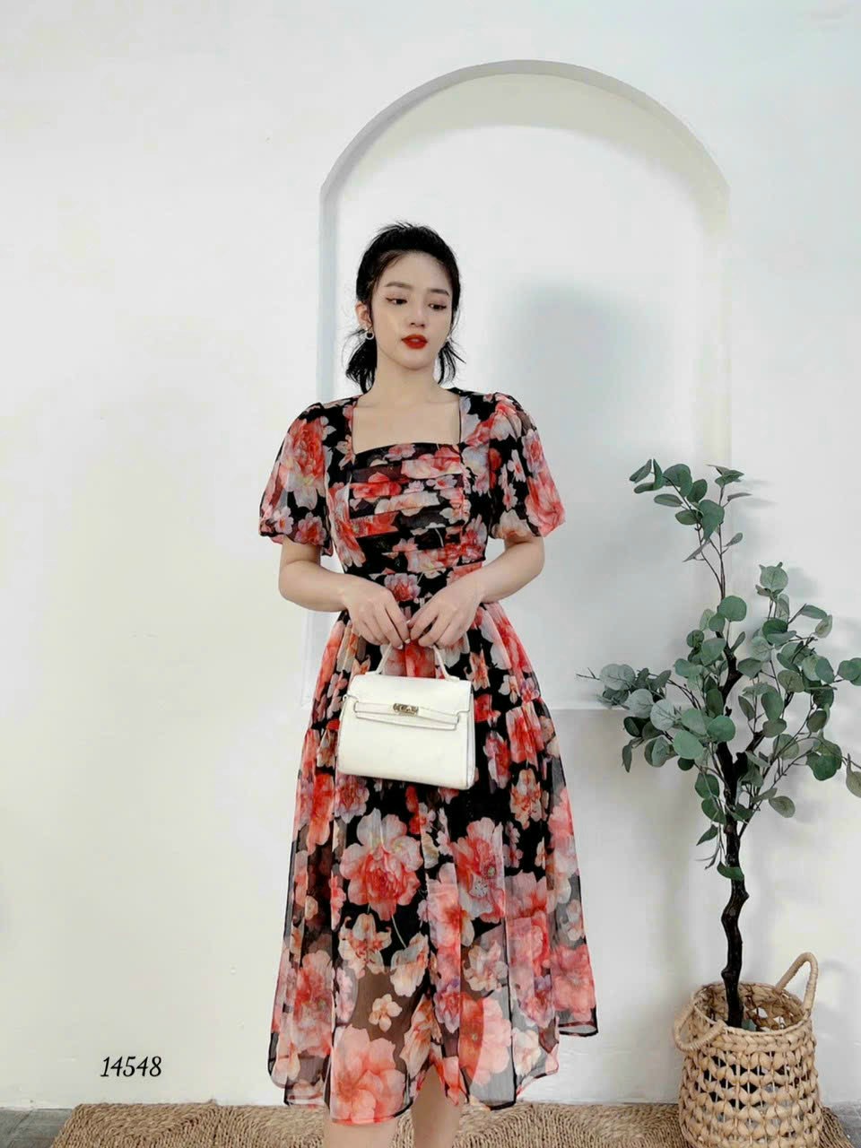 Đầm váy nữ hoa voan 2 lớp cổ vuông dự tiệc đám cưới công việc hồng vàng đỏ sang trọng