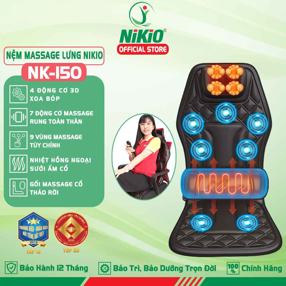 Nệm (đệm) massage ô tô cao cấp Nikio NK-150 - Con lăn 3D xoa bóp cổ vai gáy, kết hợp nhiệt nóng sưởi ấm lưng, cổ và rung toàn thân tạo cảm giác thư giản, túi khí nâng đỡ cột sống lưng