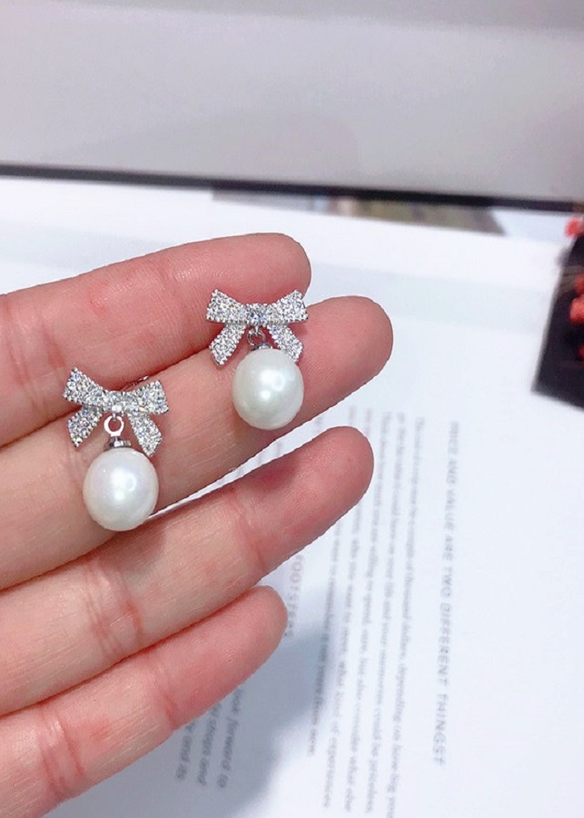 Bông Tai Bạc S925 Họa Tiết Nơ Đính Đá Xinh Xắn Đính Ngọc Trai Siêu Hot