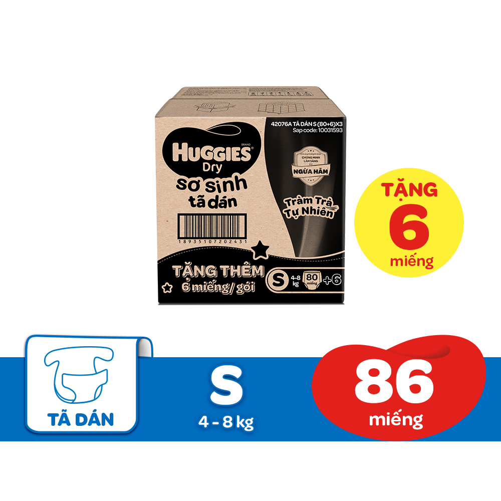 Tã dán sơ sinh Huggies mới (4kg-8kg) - Gói 80 miếng Tràm Trà + Tặng 6 miếng