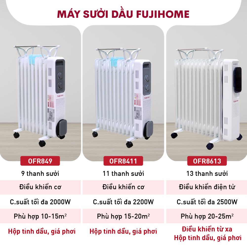 Máy sưởi dầu Nhật Bản không khô da Fujihome 13 thanh, máy sưởi ấm điện tự ngắt không đốt oxy không gốm mini - Hàng Nhập Khẩu