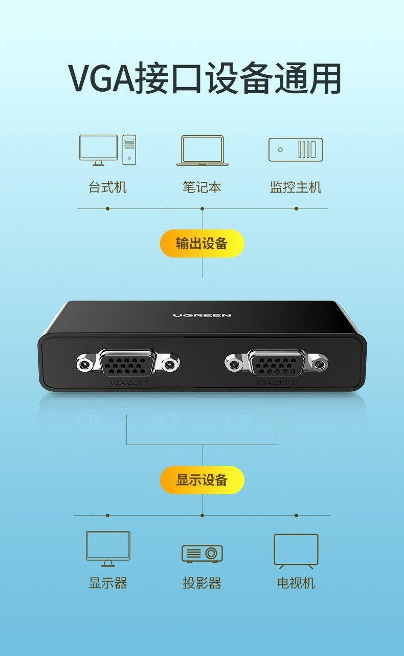Ugreen UG80190CM339TK 1080P 60Hz full hd màu đen bộ chia vga 1 ra 2 có sẵn dây cấp nguồn - HÀNG CHÍNH HÃNG