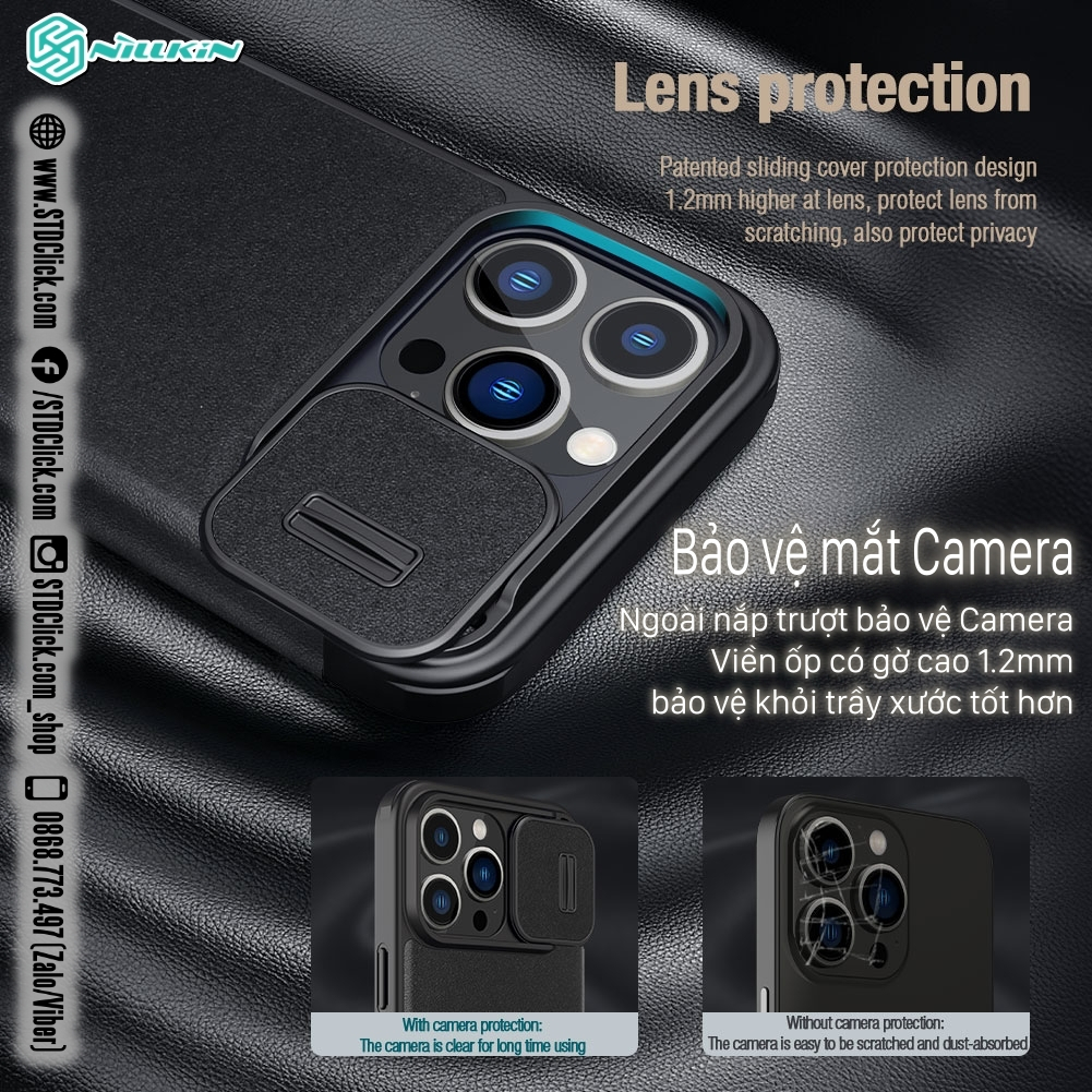BAO DA DÀNH CHO ĐIỆN THOẠI IPHONE 15 PRO MAX - 15 PRO NILLKIN QIN PRO plain leather + cloth BẢO VỆ CAMERA