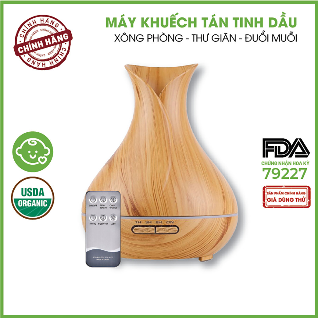 [BẢO HÀNH 6 THÁNG] Máy Xông Tinh Dầu Tulip Vân Gỗ 550ml 24Care | Máy Khuếch Tán Xông Thơm Phòng Đuổi Muỗi | Tặng Remote Điều Khiển | Công nghệ siêu âm tiên tiến