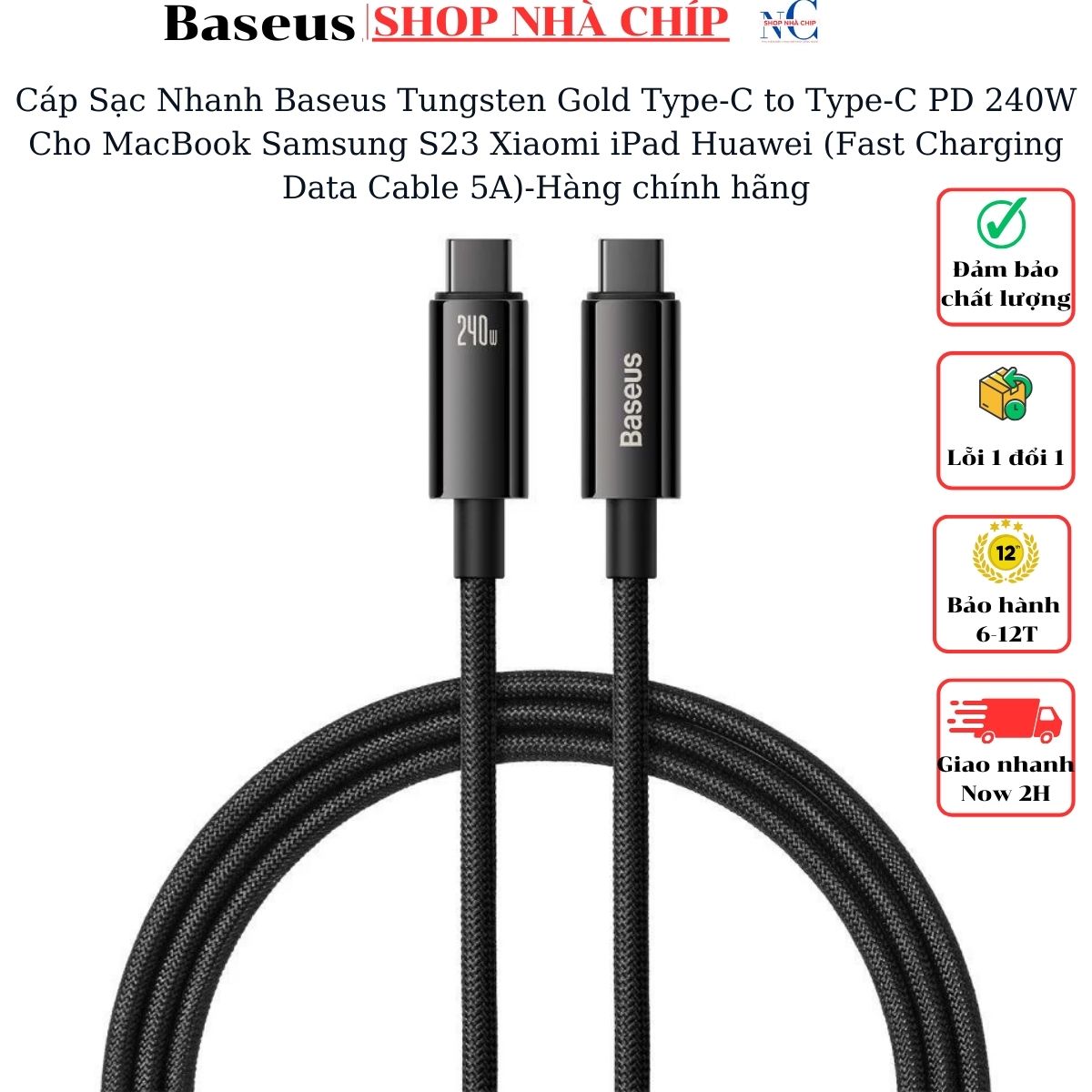 Cáp Sạc Nhanh Baseus Tungsten Gold Type-C to Type-C PD 240W Cho MacBook Samsung S23 Xiaomi iPad Huawei (Fast Charging Data Cable 5A)-Hàng chính hãng