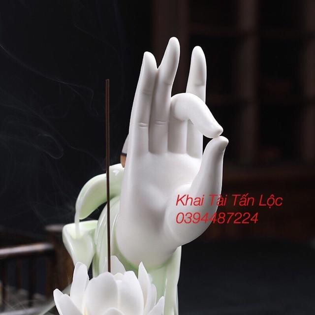 Thác khói trầm tay Phật hoa sen gốm có đế đèn led tặng 10 nụ trầm sạch