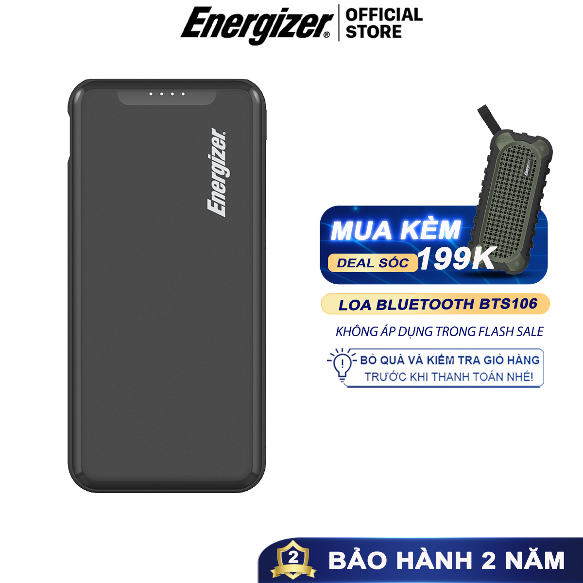 Sạc dự phòng Energizer 10,000mAh /3.7V Li-Polymer - UE10052BK - Hàng Chính Hãng