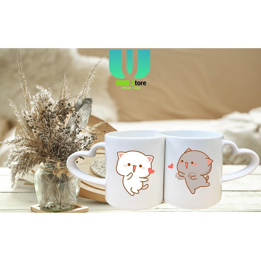 Cốc Đôi Sứ Trái Tim In Hình Đôi Mèo Dễ Thương Làm Quà Sinh Nhật Quà Cưới Cho Các Cặp Đôi