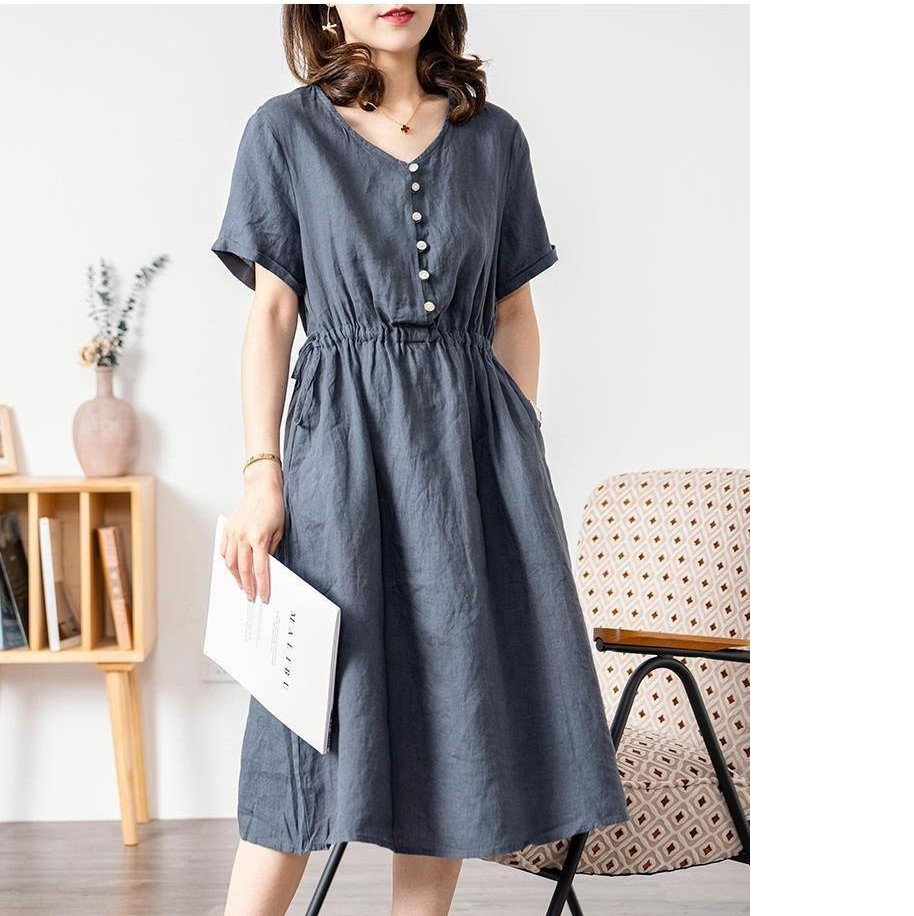 Đầm linen nữ thiết kế cổ V sang trọng, đầm midi tôn dáng, thời trang nữ xuân hè mẫu mới NH173 xám