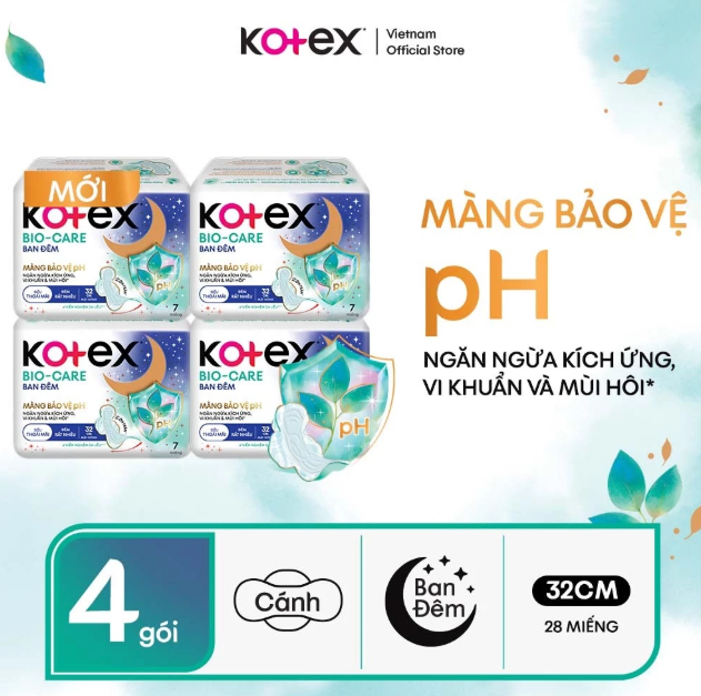 Combo 4 Gói Băng vệ sinh Kotex Biocare Ban Đêm Mặt bông siêu mỏng có cánh 32cm 7 miếng