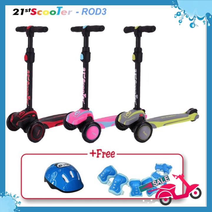 Xe trượt scooter 21st giảm xóc, 3 bánh LED cho bé (Tặng bảo hộ 7 món)