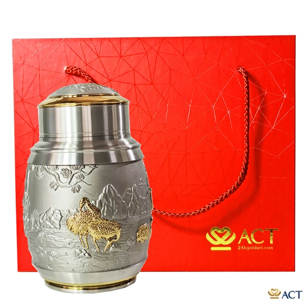 Hộp đựng trà Pewter tùng hạc diên niên