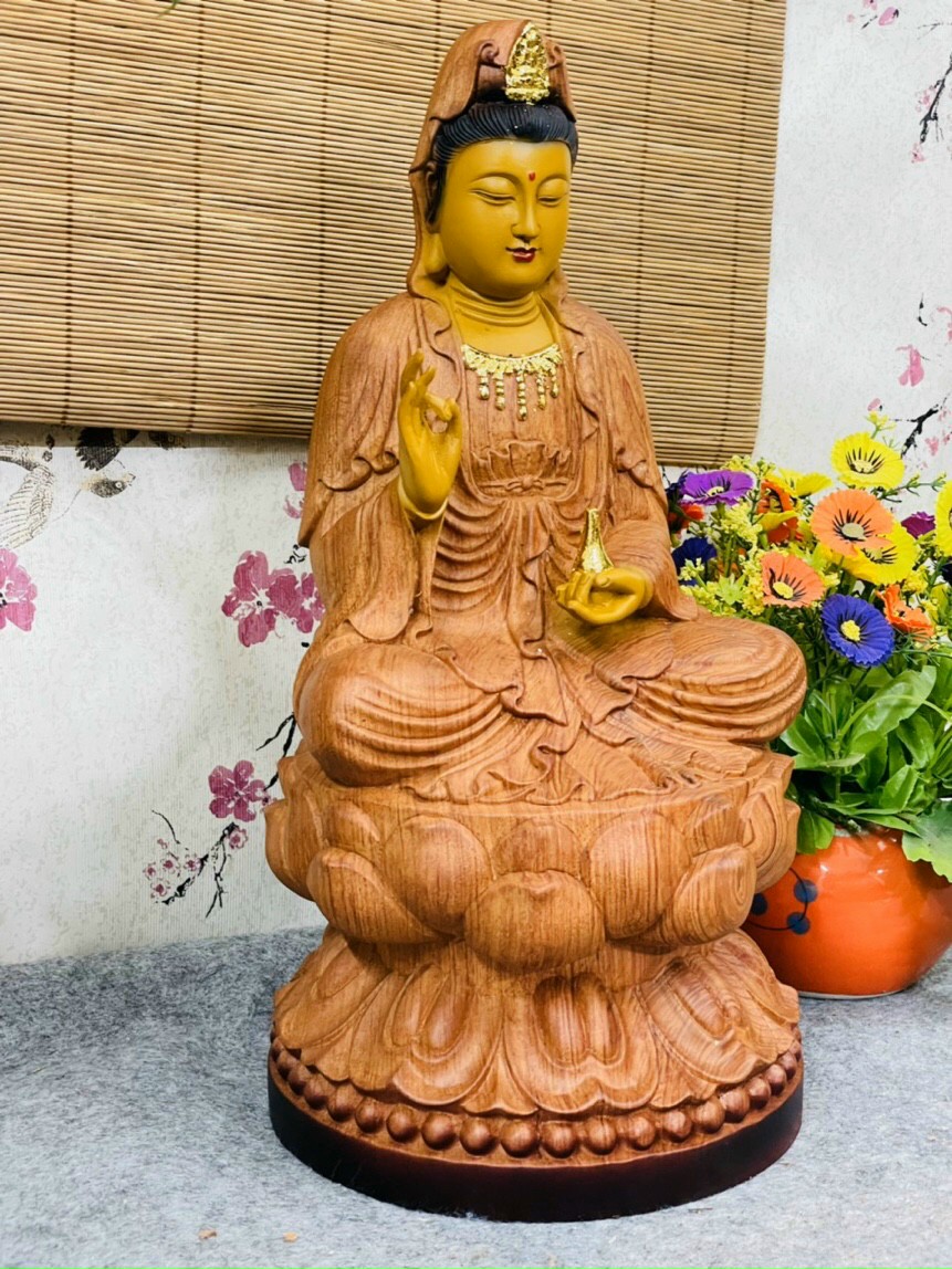 Tượng phật bà quan âm ,bồ tát bằng gỗ hương đá tô làm mầu giả cổ kt cao 40×20×20cm