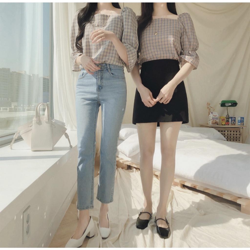 MS259 Áo kiểu nữ cổ vuông kẻ caro tay lỡ Hàn Quốc
