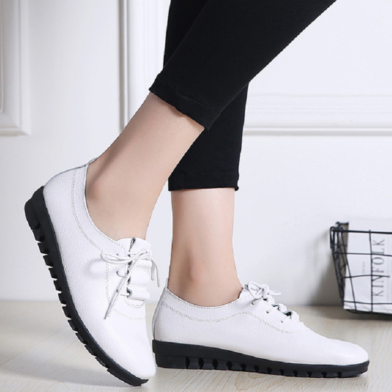 Ladies casual flat shoes pu leather oxford lace-up driving shoes