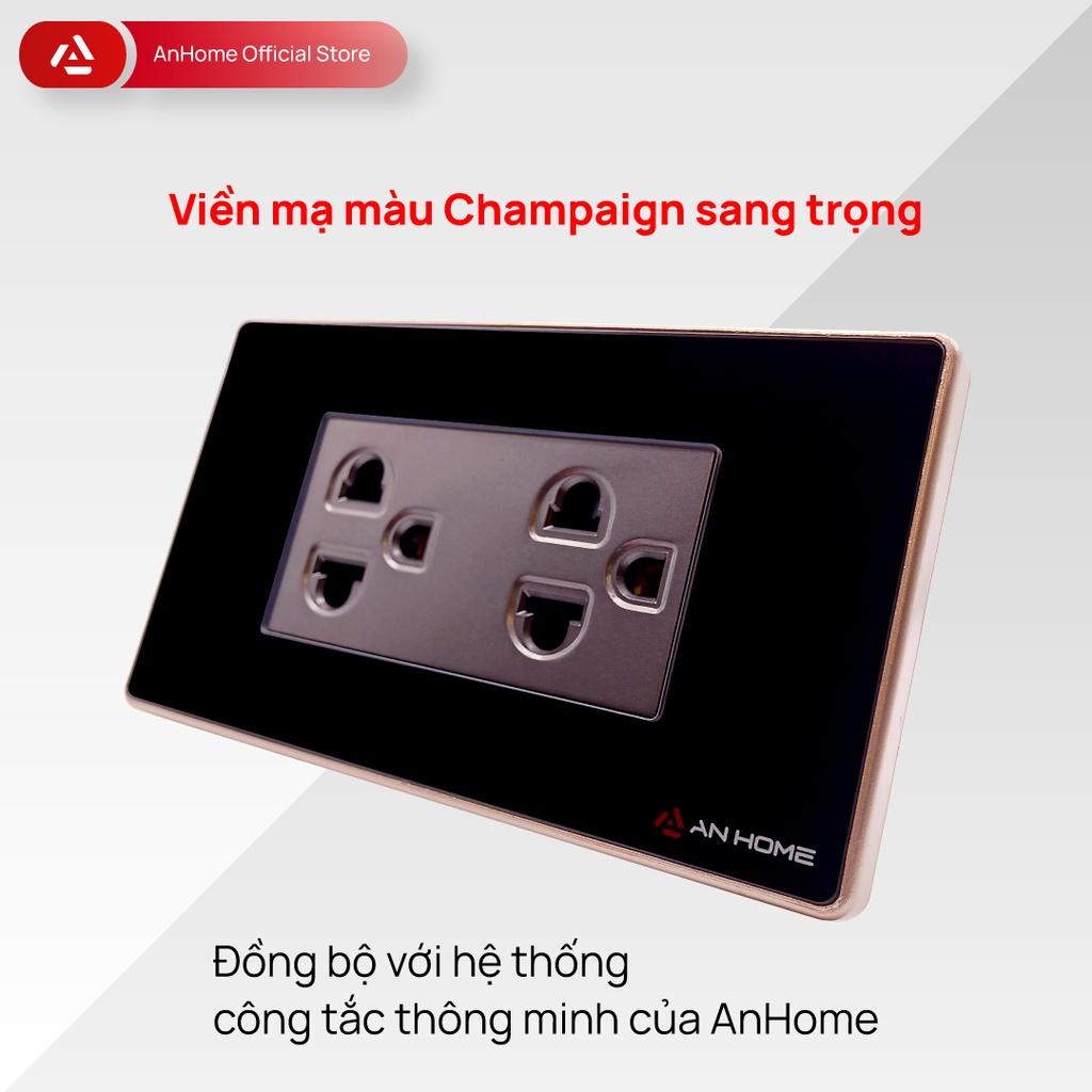 Ổ cắm điện mặt kính cường lực chữ nhật 3 chấu viền mạ Champagne AnHome GR-U3
