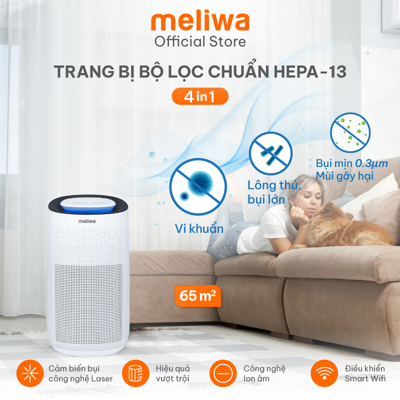 Máy lọc không khí thông minh Meliwa M60 lọc bụi mịn, kháng khuẩn hiệu quả cho không gian lớn - Hàng Chính Hãng