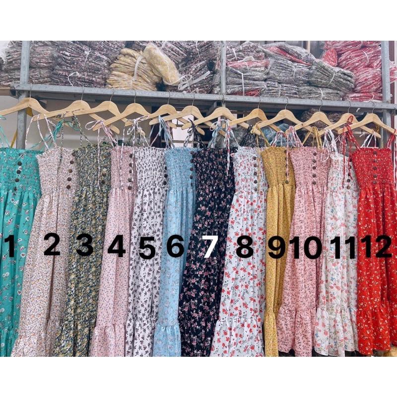 Đầm maxi hai dây cột vai đi biển đi dạo hoa nhí phối nút gỗ hình thật đủ màu siêu đẹp