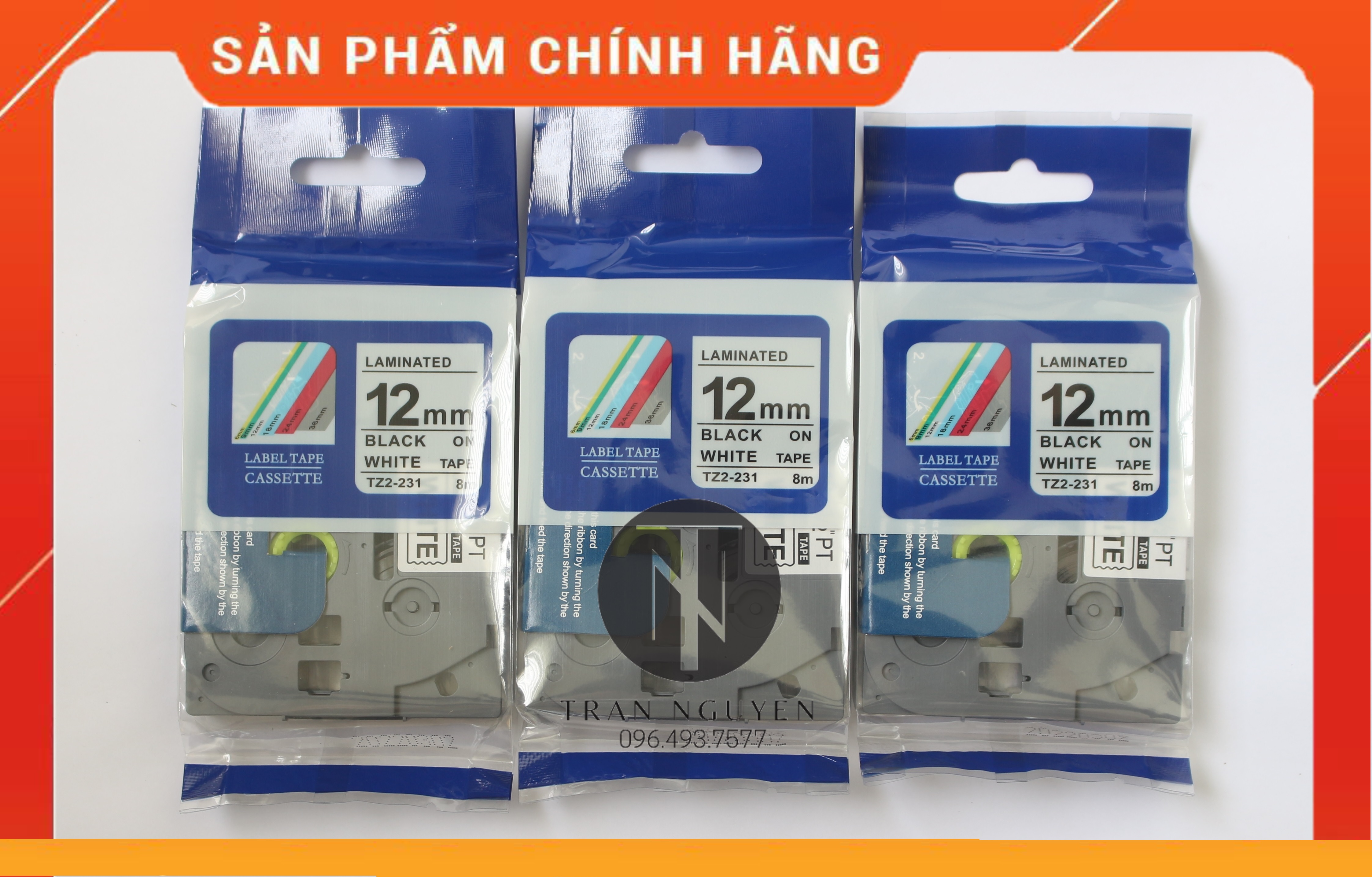 [Combo 3 hộp] Nhãn In đa lớp Tz2-231 - Đen nền trắng 12mm x 8m - Hàng nhập khẩu