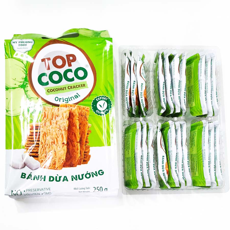 Bánh dừa nướng Topcoco -Túi cực đại Cao cấp 250g - Bánh ăn vặt - Quà biếu sang trọng