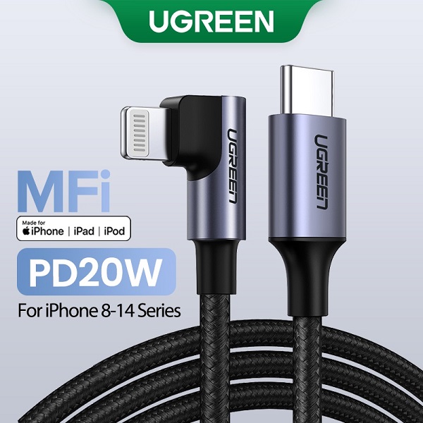 Dây cáp UGREEN bện nylon dạng góc 90 độ MFI cổng USB-C sang IP hàng chính hãng