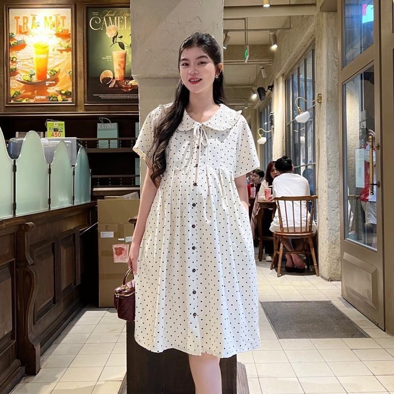 Đầm bầu chấm bi cổ sen phối nút dáng suông cho mẹ mang bầu và sau sinh Váy Bầu Dễ Thương - Bi xanh đen