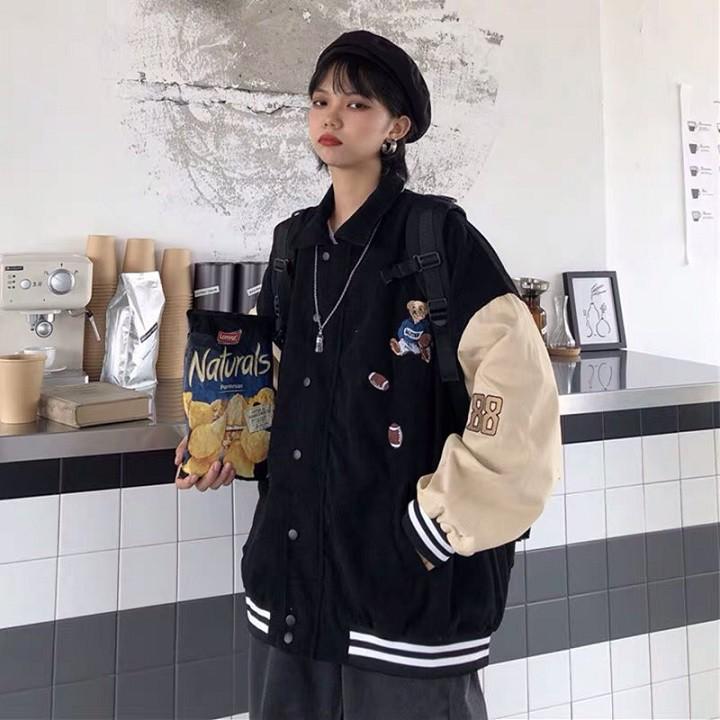 Áo Khoác Bomber Jackets kaki Nhung Tăm Cổ Bẻ Thêu GẤU 89 Form Rộng Unisex Nam Nữ Ulzzang