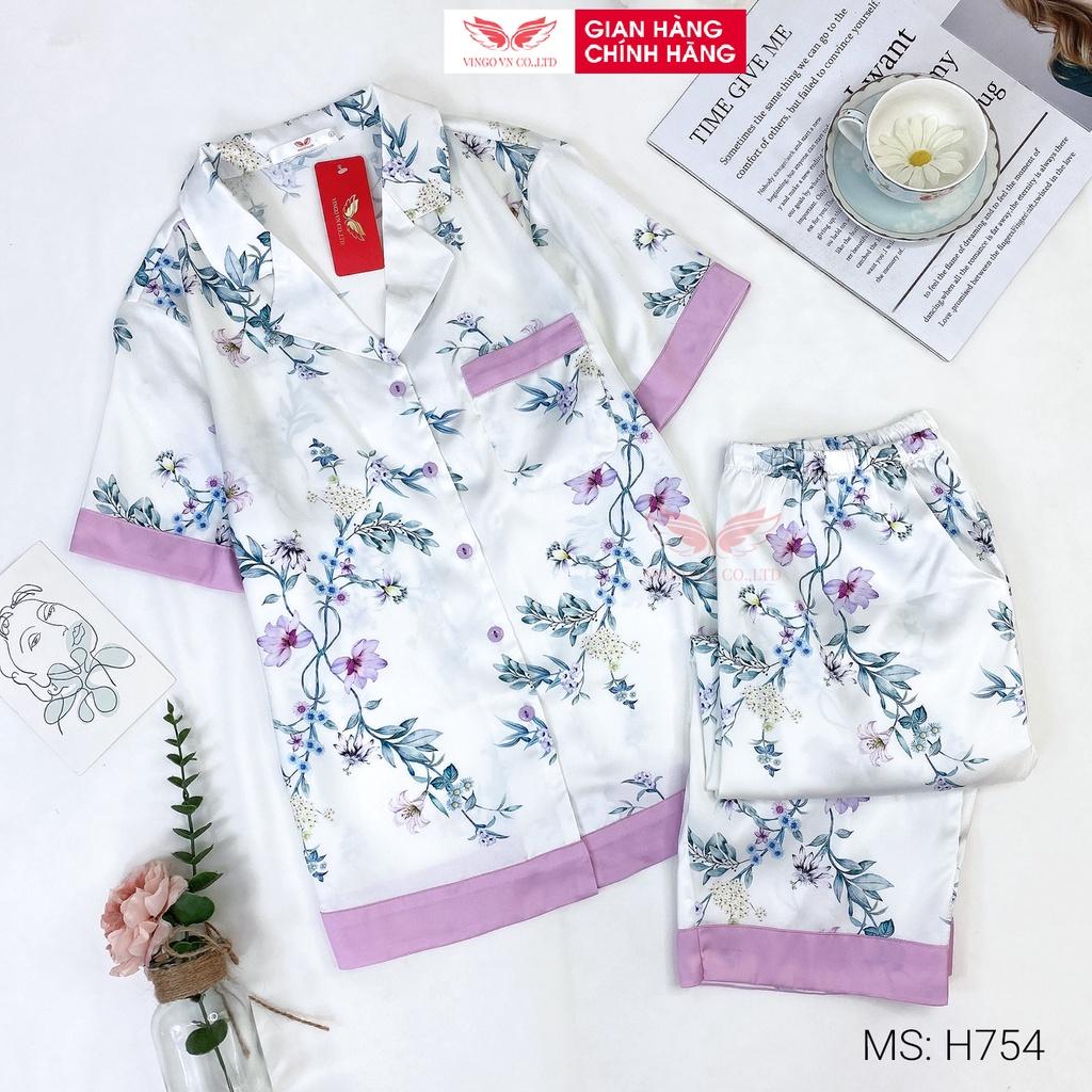 Đồ bộ nữ mặc nhà pijama quần lửng lụa Pháp mềm mát mùa Hè VINGO thiết kế hoa tím nền trắng nhã nhặn H754 VNGO