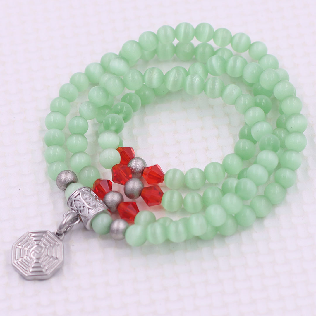 Vòng chuỗi 108 hạt đá mắt mèo xanh ngọc 6 ly charm bát quái inox - vòng chuỗi niệm Phật, vòng tay chuỗi hạt