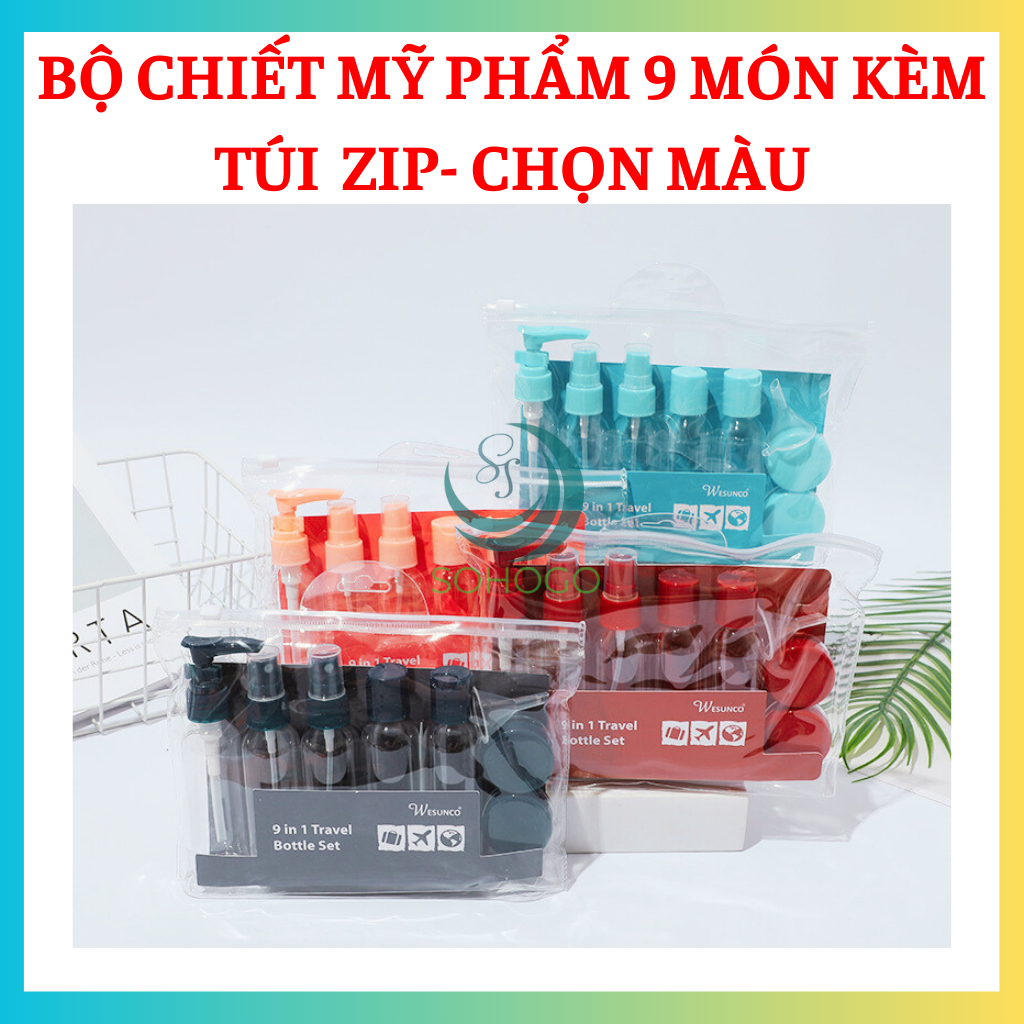 - Bộ chiết mỹ phẩm du lịch, công tác 9 món có hộp đựng-Lọ chiết mỹ phẩm, bộ chiết mỹ phẩm du lịch 9 in 1 tặng kèm túi Zip chai lọ chiết xịt phun sương, hủ đựng kem, phễu chiết