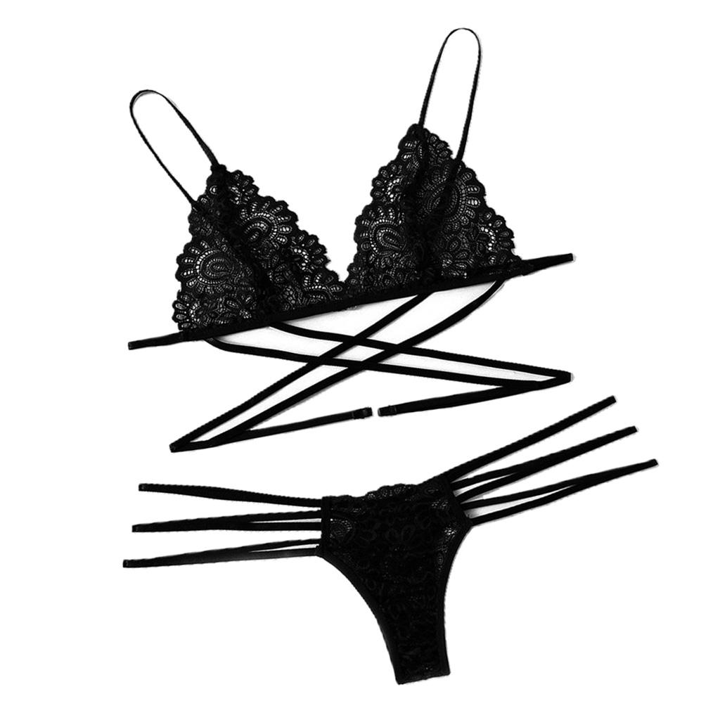 Womens 2 Piece Lace Hollow Perspective Bikini Swimsuit Beach Swimwear Set Black