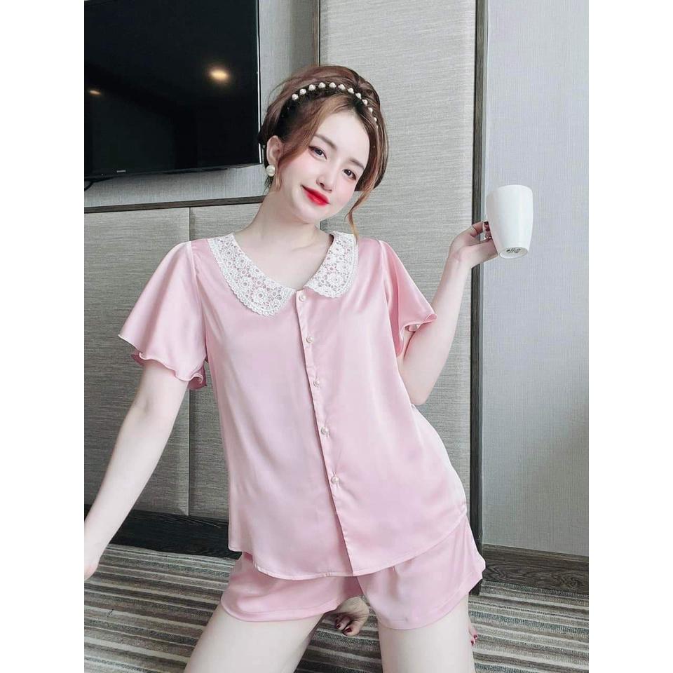 Đồ Mặc Nhà Quần Ngắn, Đồ Bộ Nữ Cổ Ren Tay Xòe Chất Lụa LATIN CAO CẤP, Ít Nhăn, Phom Dưới 56kg